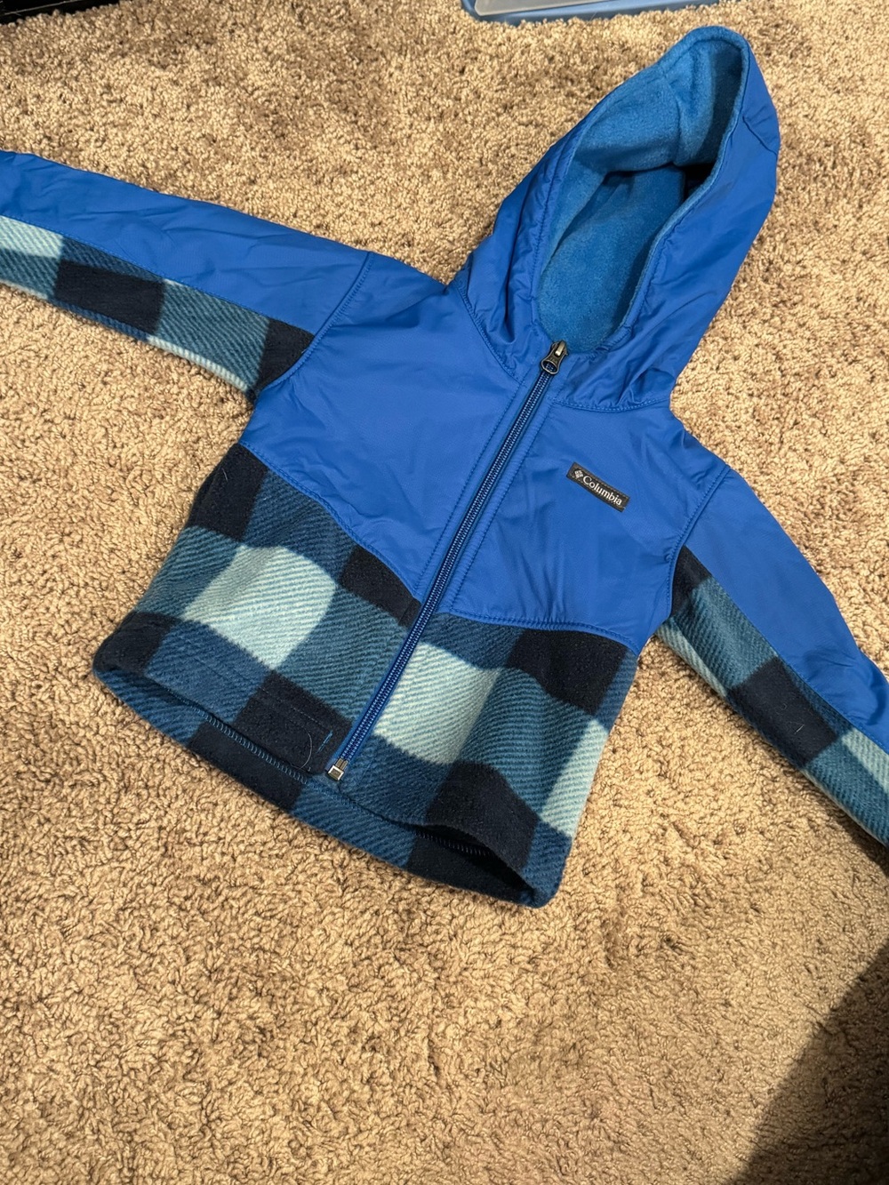 Columbia Blue Hooded Fleece Jacket with Plaid Panels